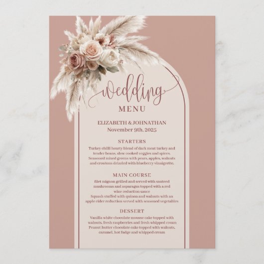 Modern Arch Pastel Pink Pampas Floral Wedding Menu (Voorkant)