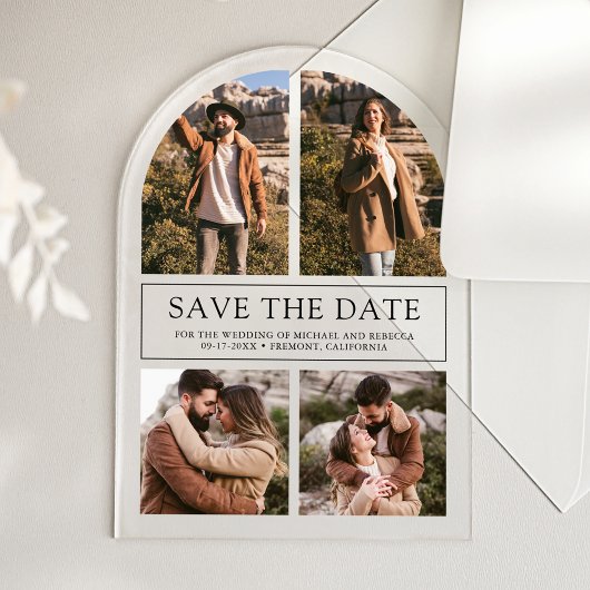 Modern Arch Photo Collage Wedding Save the Date Acryl Uitnodigingen