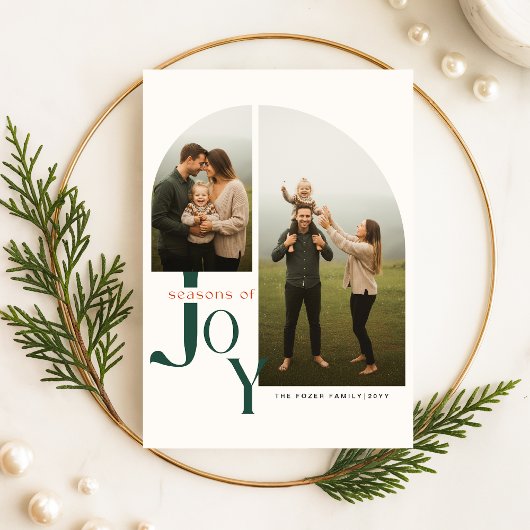 Modern Arch Photo Family Green Script Christmas Feestdagenkaart