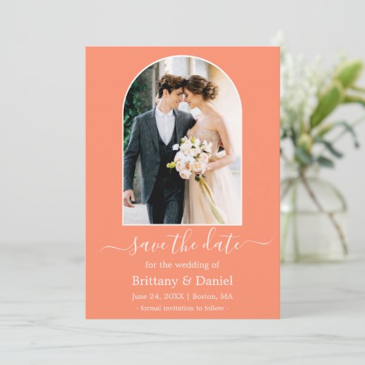 Modern Arch Photo Frame Coral Save The Date (Staand voorkant)