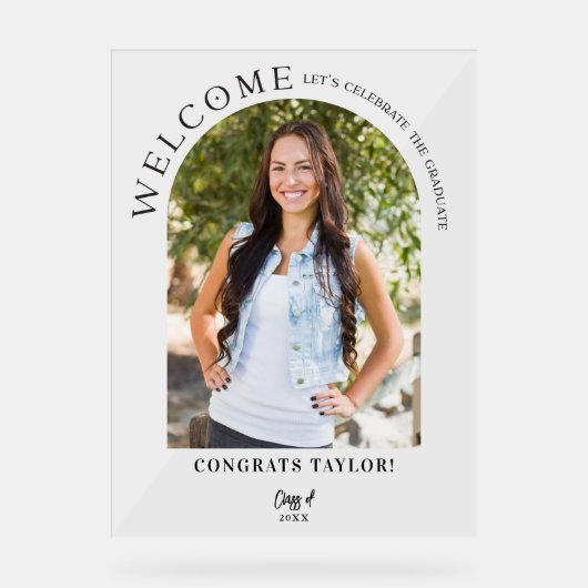 Modern Arch Photo Graduation Party Welkom Acryl Bord (Voorkant)