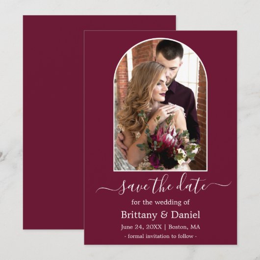 Modern Arch Photo Lijst Burgundy Save The Date (Voorkant / Achterkant)