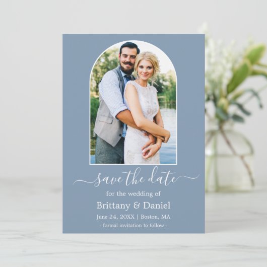 Modern Arch Photo Lijst Dusty Blue Save The Date (Staand voorkant)