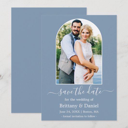 Modern Arch Photo Lijst Dusty Blue Save The Date (Voorkant / Achterkant)