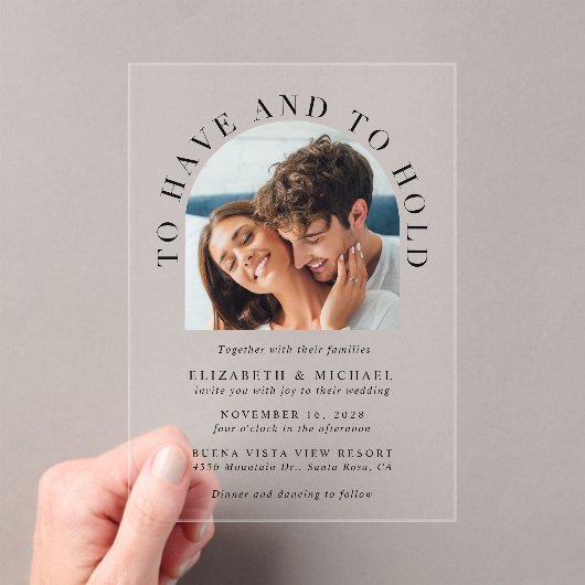 Modern Arch Photo Wedding Acryl Uitnodigingen (Insitu (Draagbaar))