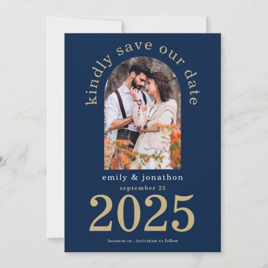 Modern Arch Photo Wedding Navy Blue Save The Date (Voorkant)