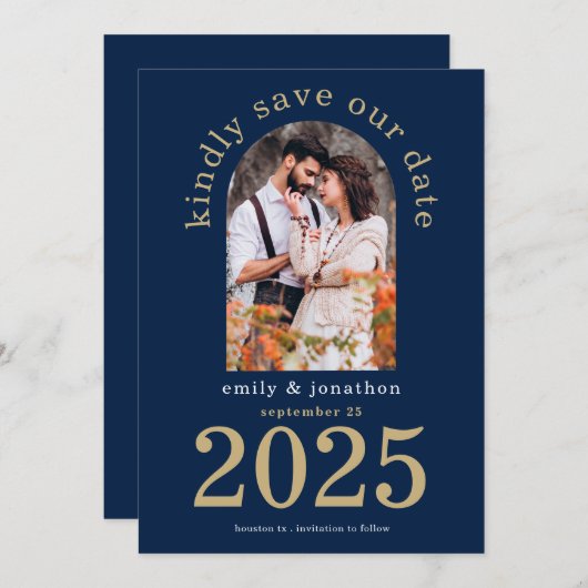 Modern Arch Photo Wedding Navy Blue Save The Date (Voorkant / Achterkant)