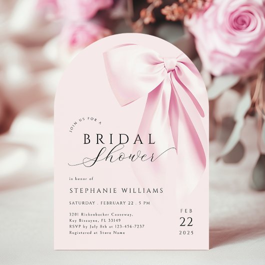 Modern Arch Pink Bow Bruids Douche Uitnodiging