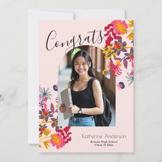 Modern Arch Pink Floral Foto Afstuderen Aankondiging (Voorkant)