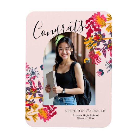 Modern Arch Pink Floral Foto Afstuderen Magneet (Verticaal)