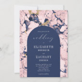 Modern Arch Pink Navy Blue Marble Wedding Kaart (Voorkant)