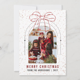 Modern Arch Red Ribbon Photo Merry Christmas Bow Feestdagenkaart