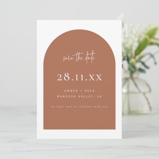 Modern Arch Retro Minimalistisch Koper Script Save The Date (Staand voorkant)