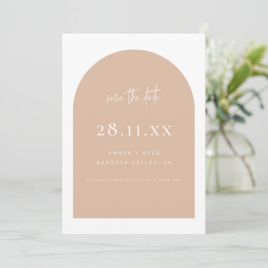 Modern Arch Retro Terrazzo Roze Script Save The Date (Staand voorkant)