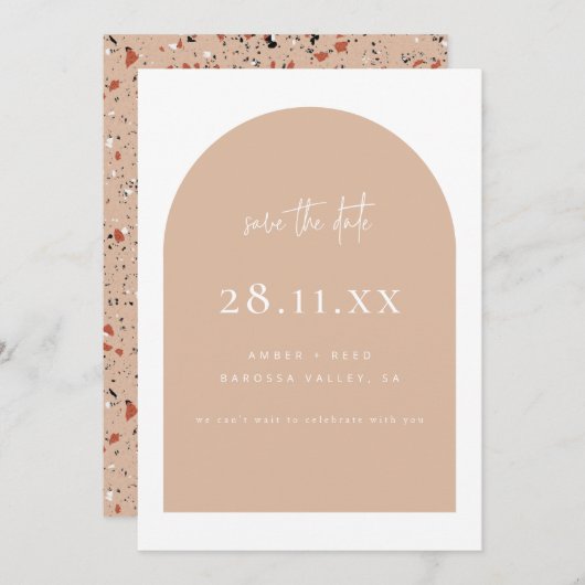 Modern Arch Retro Terrazzo Roze Script Save The Date (Voorkant / Achterkant)