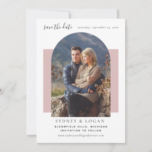 Modern Arch Roos Roze Trouwfoto Save The Date (Voorkant)