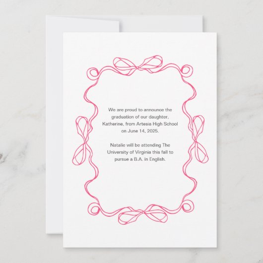 Modern Arch Roze Bloemen Foto Wit Afstuderen Aankondiging (Achterkant)