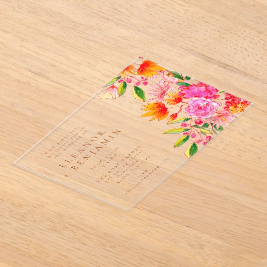 Modern Arch Roze Sinaasappel Waterverf Bloemen Huw Acryl Uitnodigingen (Laagn)