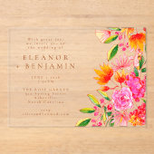 Modern Arch Roze Sinaasappel Waterverf Bloemen Huw Acryl Uitnodigingen (Voorkant)