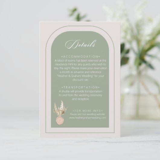 Modern Arch Sage Green Wedding Informatiekaartje (Staand voorkant)