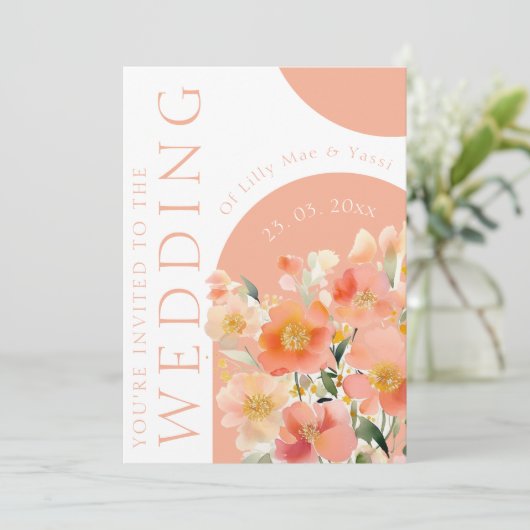 Modern Arch Sinaasappel Perzik Bloemen Bruiloft Kaart (Staand voorkant)