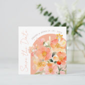 Modern Arch Sinaasappel Perzik Bloemen Bruiloft Save The Date (Staand voorkant)