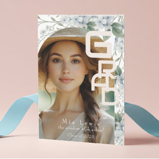 Modern Arch Soft Blue Hydrangeas Graduation Photo Aankondiging