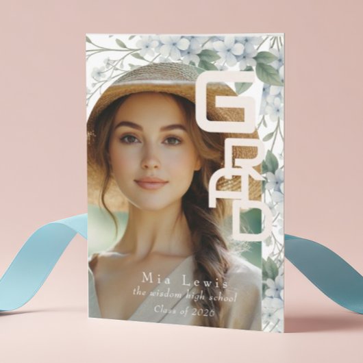 Modern Arch Soft Blue Hydrangeas Graduation Photo Aankondiging