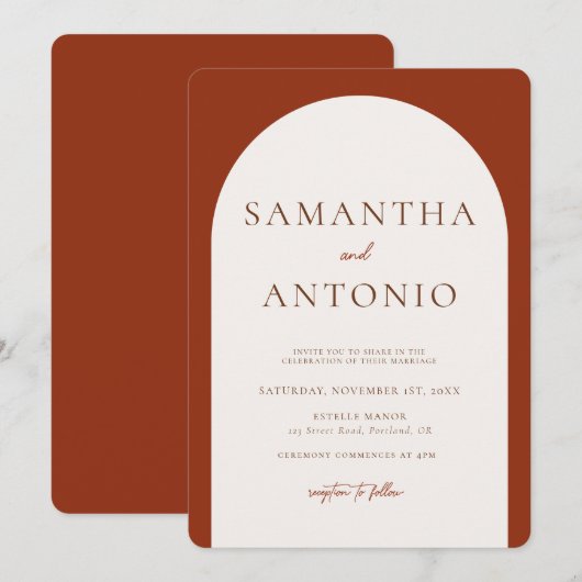 Modern Arch Terracotta Red Wedding Uitnodiging (Voorkant / Achterkant)