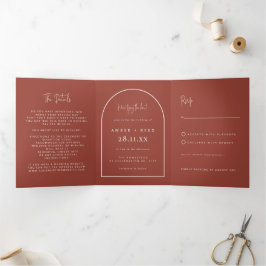 Modern Arch Tying Knot Terracotta Wedding Script Drieluik Uitnodiging