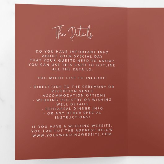 Modern Arch Tying Knot Terracotta Wedding Script Drieluik Uitnodiging (Binnenzijde eerst)