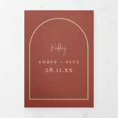 Modern Arch Tying Knot Terracotta Wedding Script Drieluik Uitnodiging (Cover)