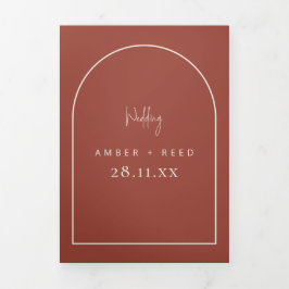 Modern Arch Tying Knot Terracotta Wedding Script Drieluik Uitnodiging