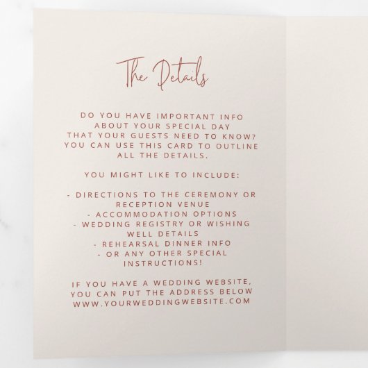 Modern Arch Tying Knot Terracotta Wedding Script Drieluik Uitnodiging (Binnenzijde eerst)