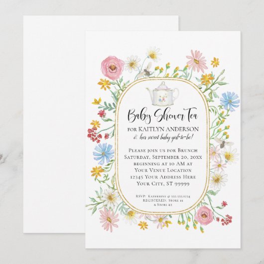 Modern Arch Wildflower Bloemen Bijen Tea Party Bab Kaart (Voorkant / Achterkant)