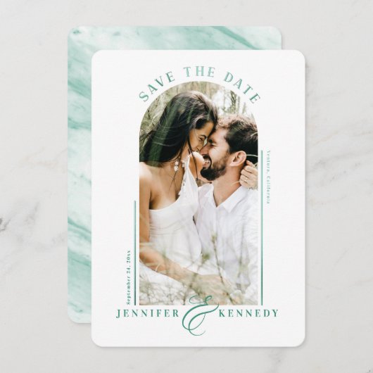 Modern Arched Photo Lijst Emerald Marble Back Save The Date (Voorkant / Achterkant)