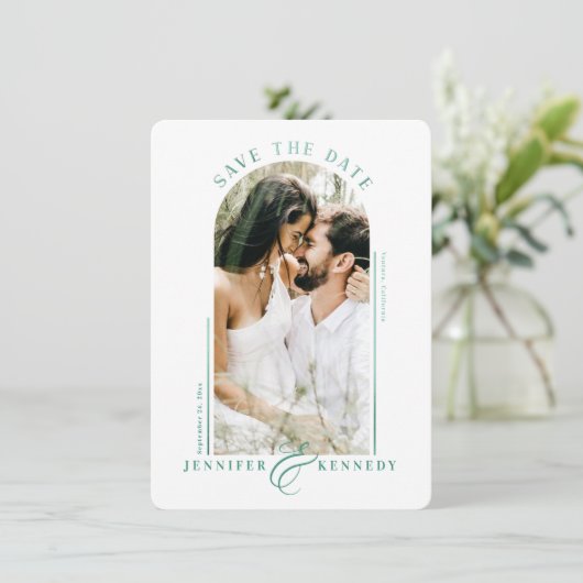 Modern Arched Photo Lijst Emerald Marble Back Save The Date (Staand voorkant)