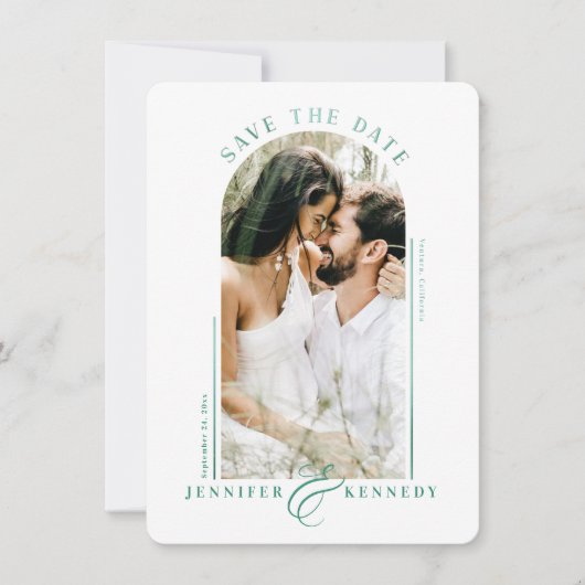 Modern Arched Photo Lijst Emerald Marble Back Save The Date (Voorkant)
