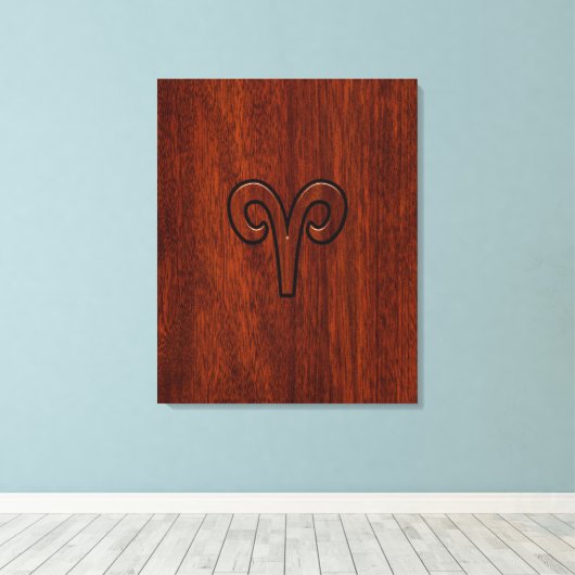 Modern Aries Zodiac Symbool op Mahogany als gedruk Canvas Afdruk (Insitu (Houten vloer))