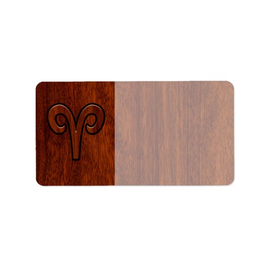 Modern Aries Zodiac Symbool op Mahogany als gedruk Etiket (Voorkant)