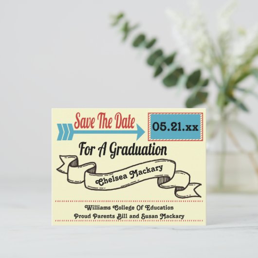 Modern Arrow and Ribbon Afstuderen Bewaar de datum Aankondigingskaart (Staand voorkant)