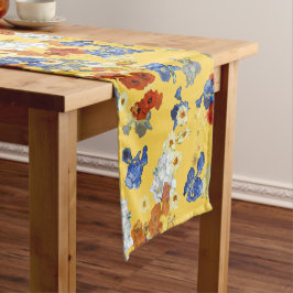 Modern Art Blauw Rood Bloemen Mosterd Geel Korte Tafelloper