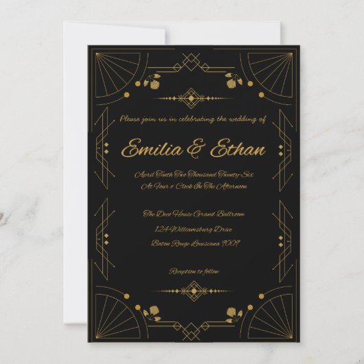 Modern Art Deco Black and Gold Wedding Invitation Kaart (Voorkant)