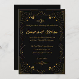 Modern Art Deco Black and Gold Wedding Invitation Kaart