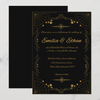 Modern Art Deco Black and Gold Wedding Invitation Kaart