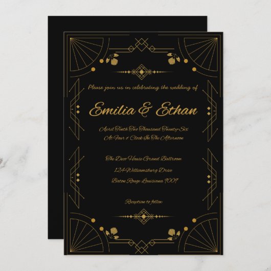 Modern Art Deco Black and Gold Wedding Invitation Kaart (Voorkant / Achterkant)