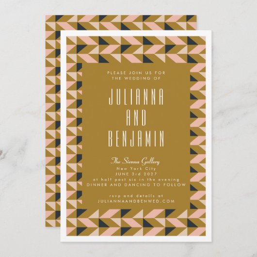 Modern Art Deco Black Blush Gold Wedding Kaart (Voorkant / Achterkant)