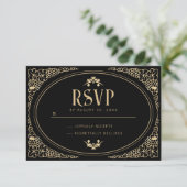 Modern Art Deco Black en Faux Gold RSVP Kaartje (Staand voorkant)