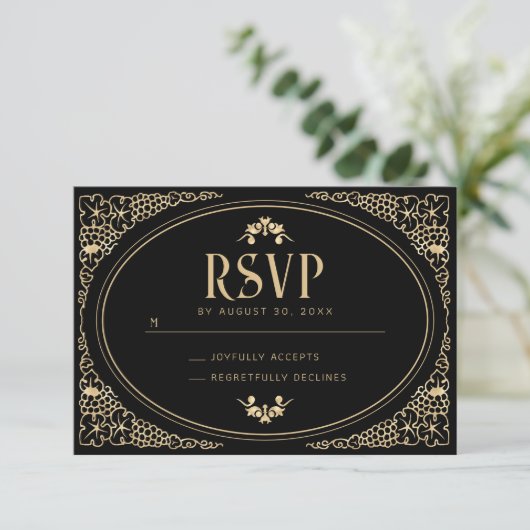 Modern Art Deco Black en Faux Gold RSVP Kaartje (Staand voorkant)
