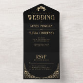 Modern Art Deco Black en Gold Faux Wedding All In One Uitnodiging (Binnen)